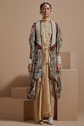 Multi-Colored Sheer Silk Resham Embroidered Jacket Set by ASEEM KAPOOR