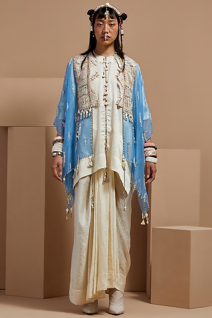 Aasmani Blue Sheer Silk Printed & Embroidered Jacket Set by ASEEM KAPOOR at Pernia's Pop Up Shop