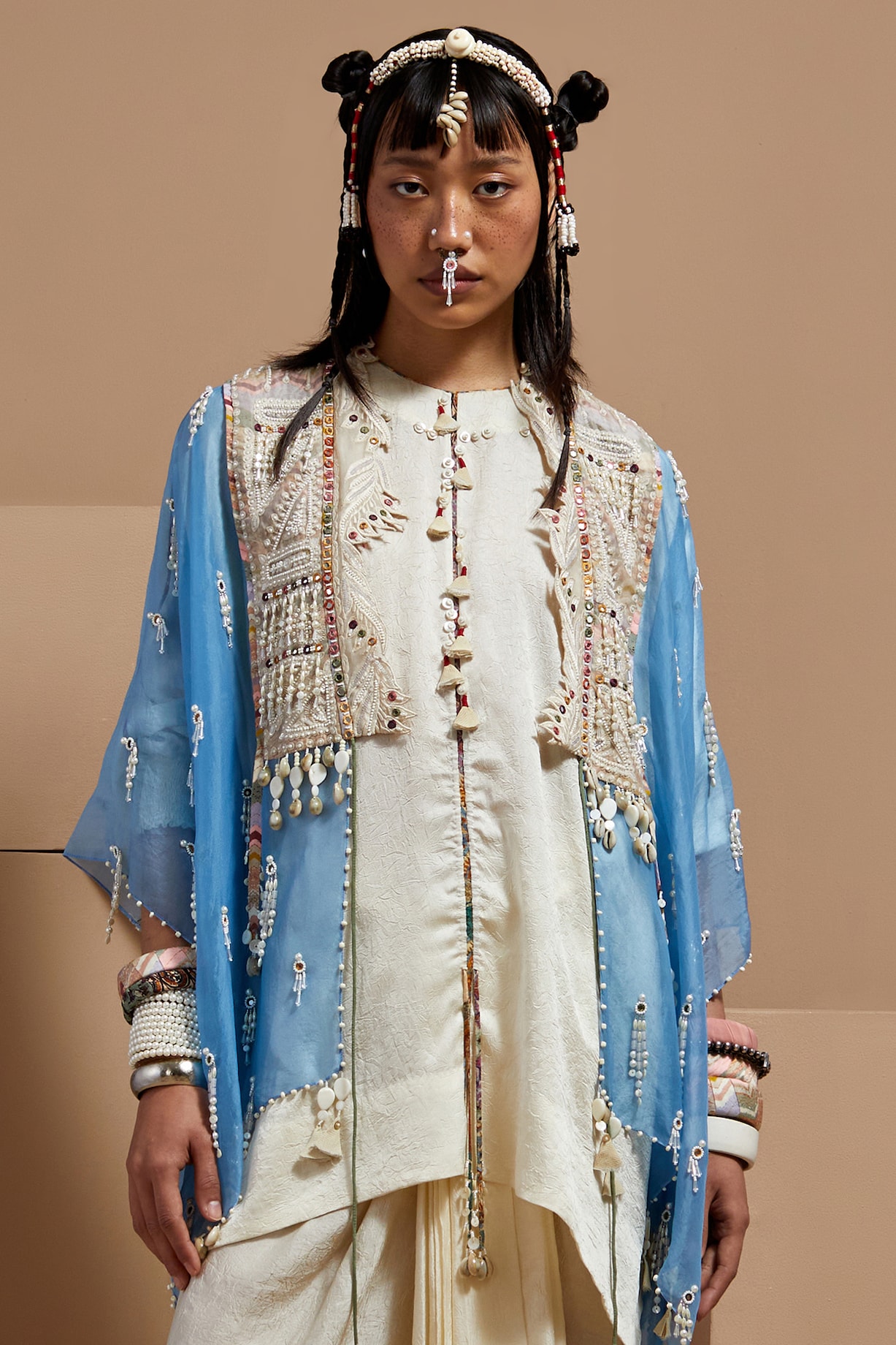 Aasmani Blue Sheer Silk Printed Embroidered Jacket Set by ASEEM
