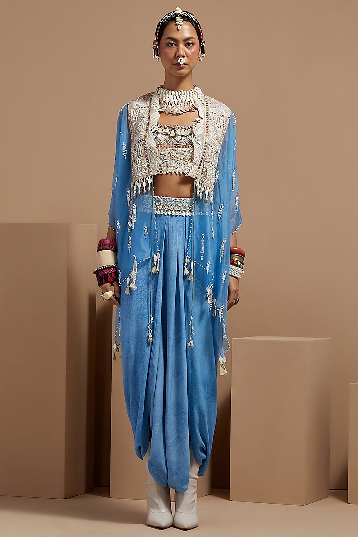 Aasmani Blue Sheer Silk Embroidered Jacket Set by ASEEM KAPOOR at Pernia's Pop Up Shop