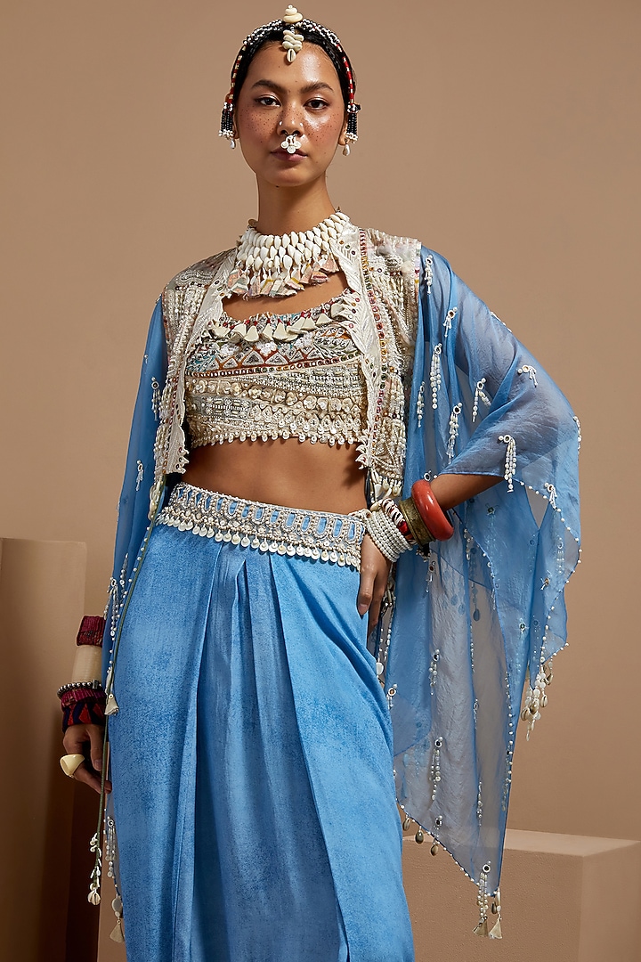 Aasmani Blue Sheer Silk Embroidered Jacket Set by ASEEM KAPOOR at Pernia's Pop Up Shop