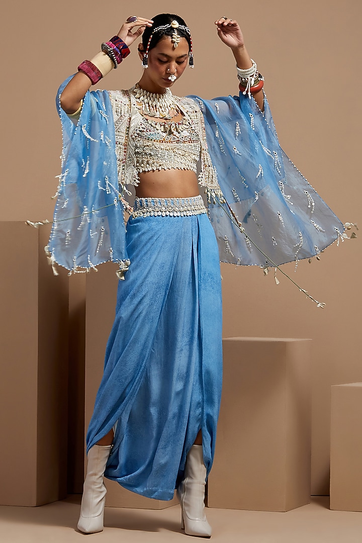 Aasmani Blue Sheer Silk Embroidered Jacket Set by ASEEM KAPOOR at Pernia's Pop Up Shop