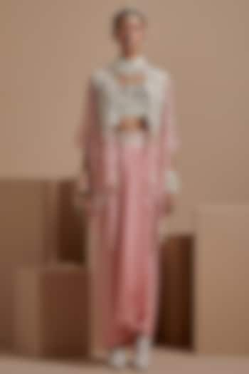 Shell Pink Sheer Silk Tribal Work Jacket Set by ASEEM KAPOOR at Pernia's Pop Up Shop