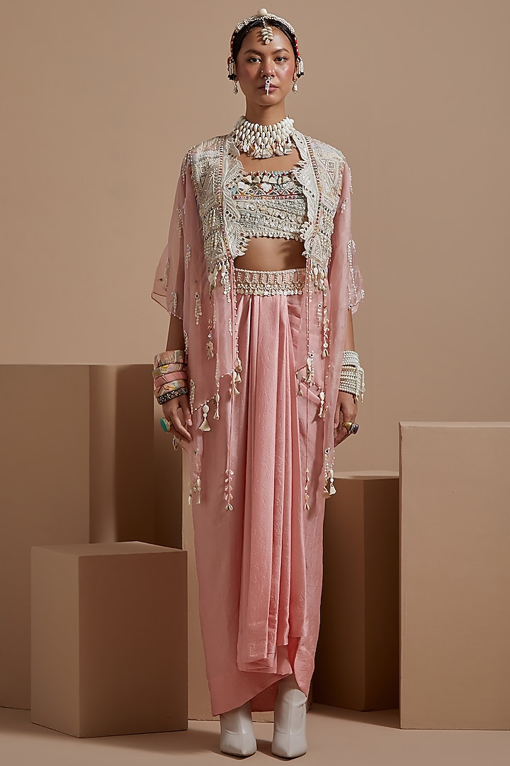 Shell Pink Sheer Silk Tribal Work Jacket Set by ASEEM KAPOOR at Pernia's Pop Up Shop