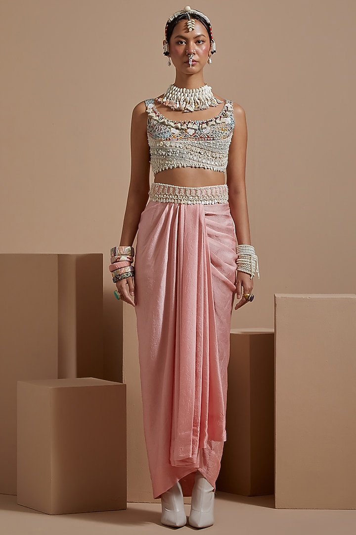 Shell Pink Sheer Silk Tribal Work Jacket Set by ASEEM KAPOOR at Pernia's Pop Up Shop