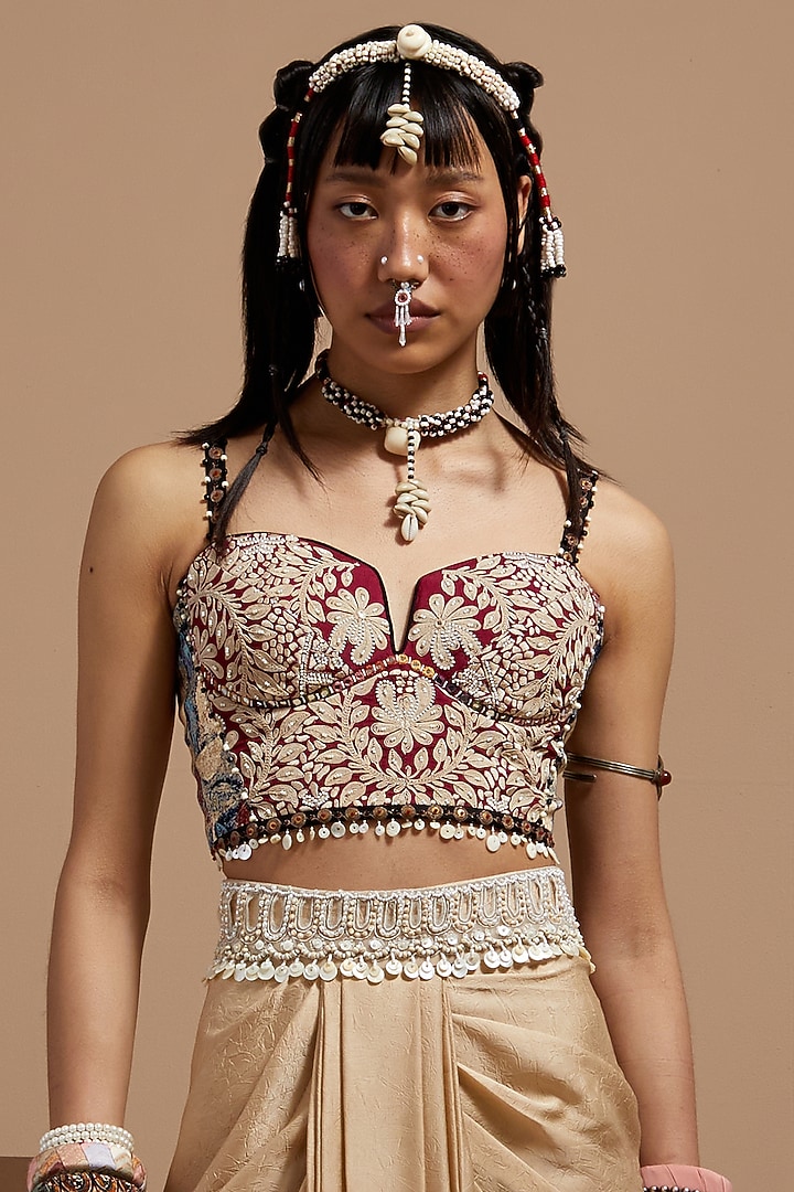 Beige Crushed Silk Embroidered Skirt Set by ASEEM KAPOOR at Pernia's Pop Up Shop