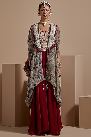 Multi-Colored Sheer Silk Resham Embroidered Jacket Set by ASEEM KAPOOR