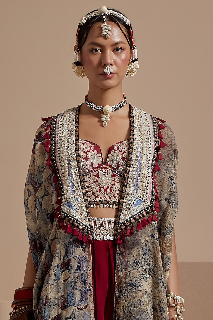 Multi-Colored Sheer Silk Resham Embroidered Jacket Set by ASEEM KAPOOR at Pernia's Pop Up Shop