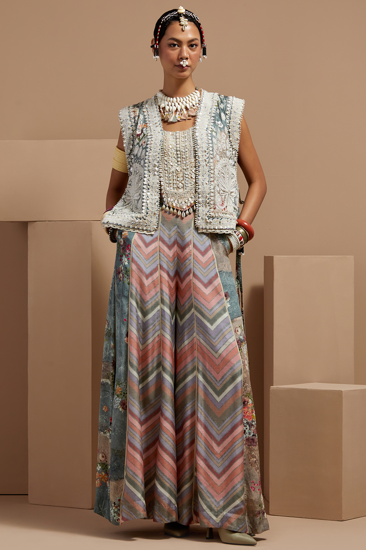 Multi-Colored Mushroom Twill Embroidered Gilet Set by ASEEM KAPOOR at Pernia's Pop Up Shop