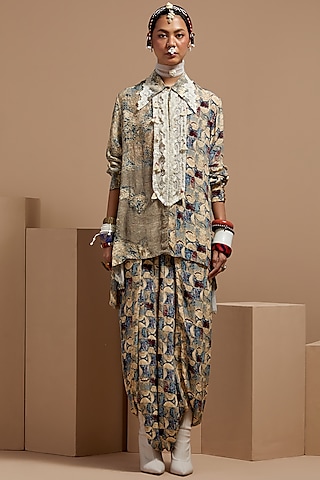 Multi-Colored Natural Crepe Printed & Embroidered Shirt by ASEEM KAPOOR