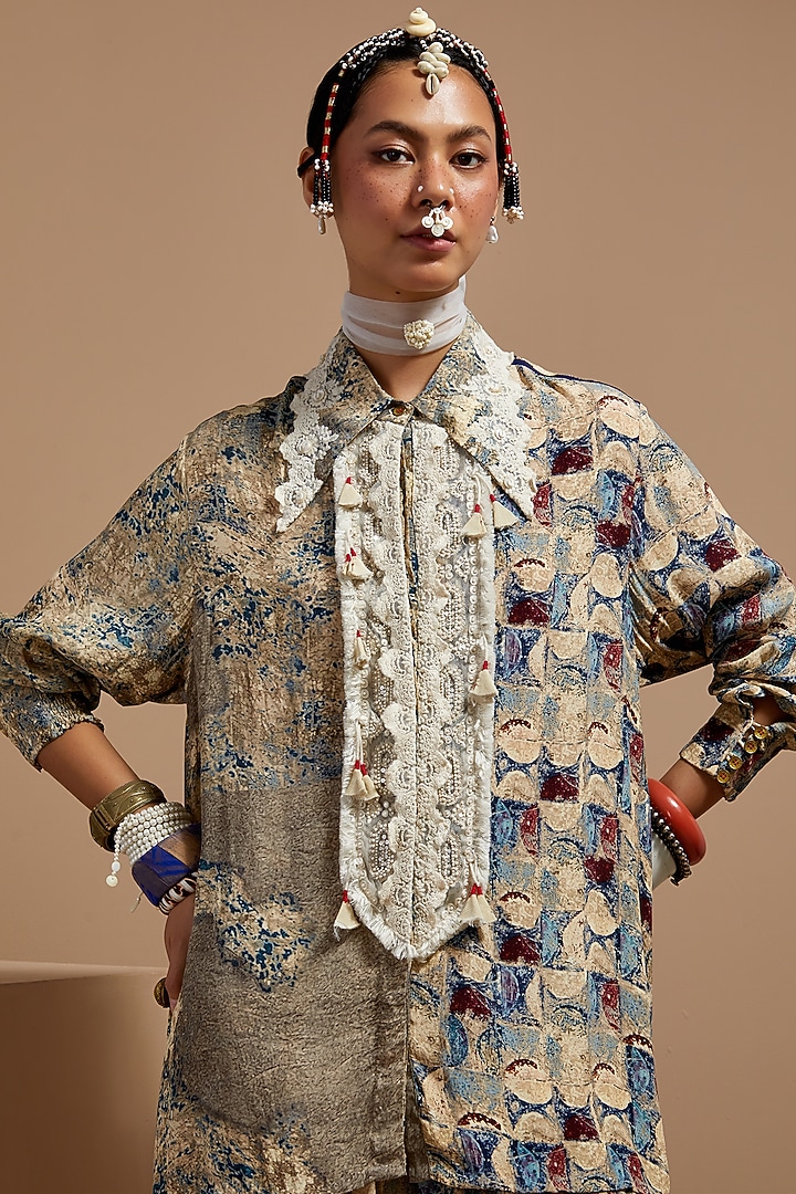 Multi-Colored Natural Crepe Printed & Embroidered Shirt by ASEEM KAPOOR at Pernia's Pop Up Shop