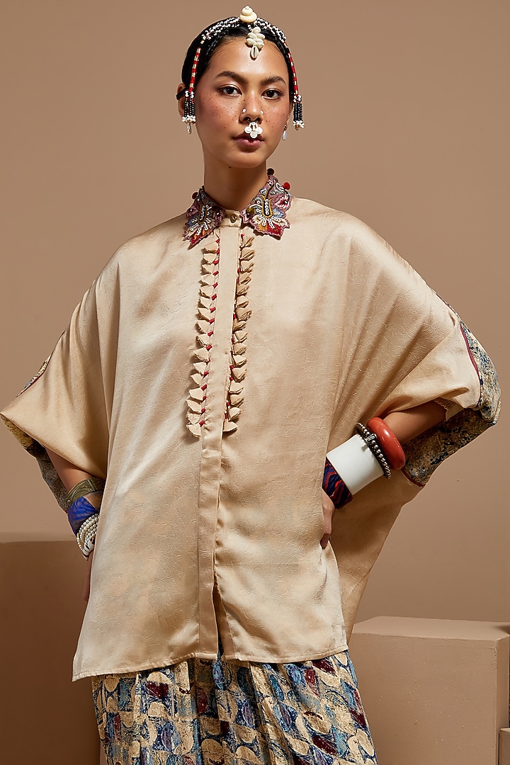 Ecru Crushed Silk Shirt by ASEEM KAPOOR at Pernia's Pop Up Shop
