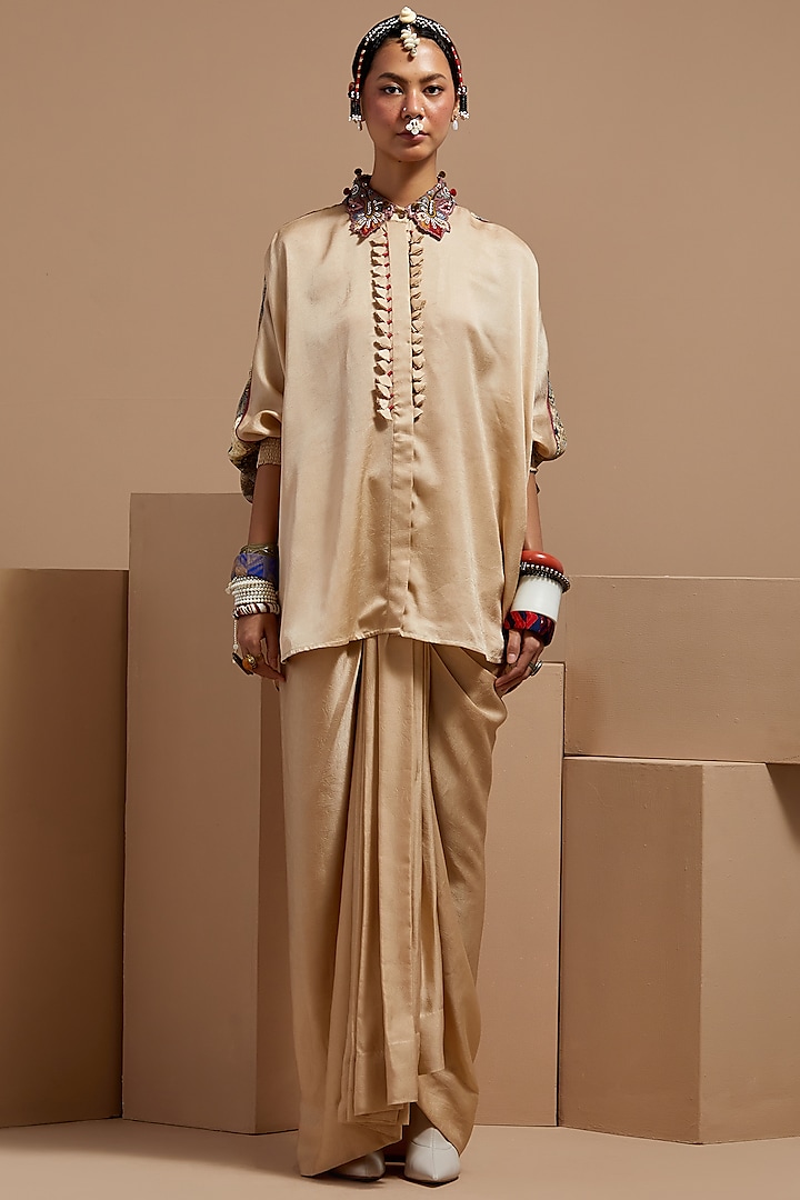 Ecru Crushed Silk Skirt Set by ASEEM KAPOOR at Pernia's Pop Up Shop