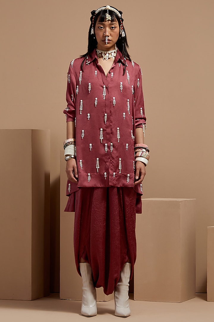 Old Rose Crushed Silk Bead Tassel Embroidered Shirt by ASEEM KAPOOR at Pernia's Pop Up Shop