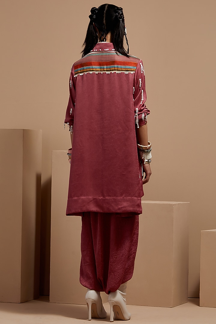 Old Rose Crushed Silk Bead Tassel Embroidered Shirt by ASEEM KAPOOR at Pernia's Pop Up Shop