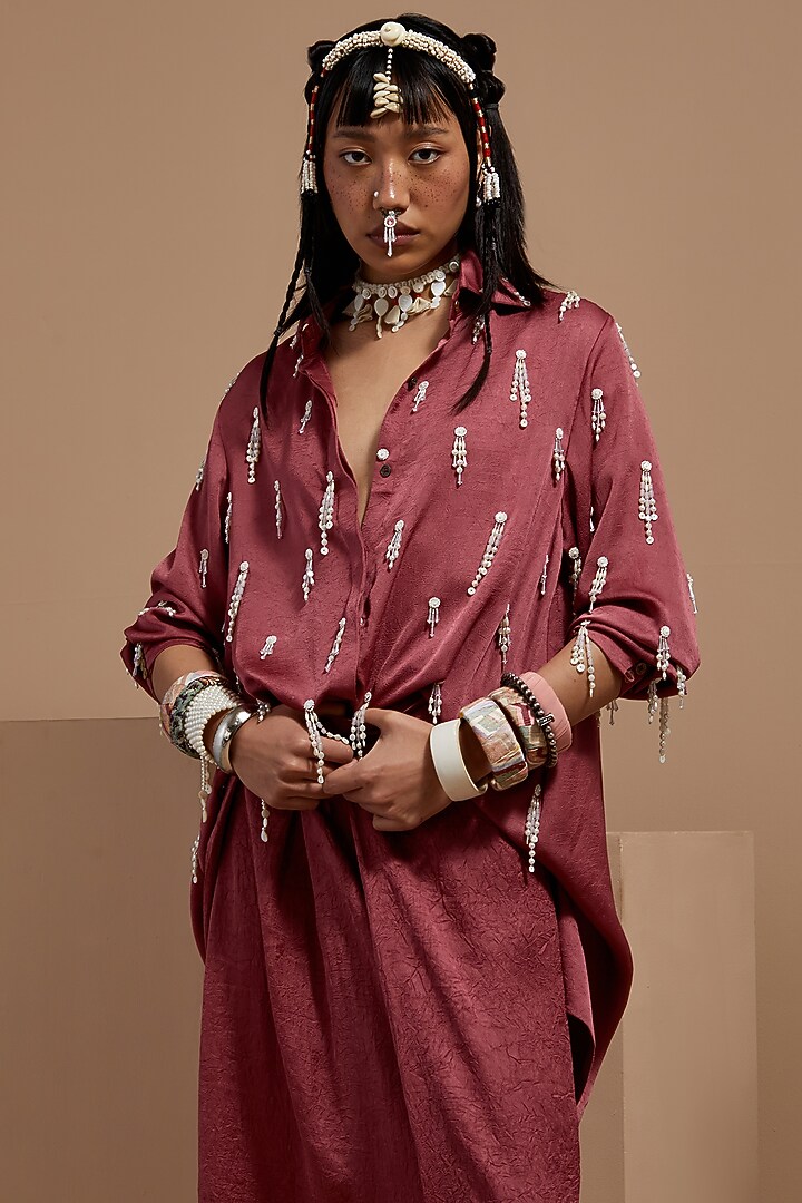 Old Rose Crushed Silk Bead Tassel Embroidered Shirt by ASEEM KAPOOR at Pernia's Pop Up Shop