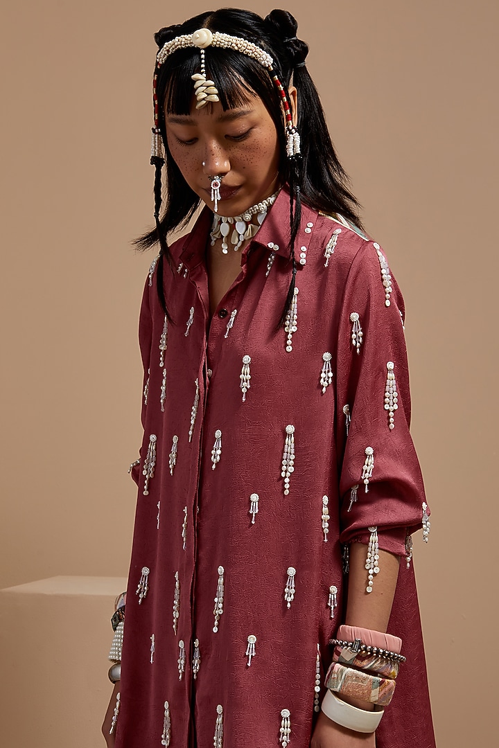 Old Rose Crushed Silk Bead Tassel Embroidered Shirt by ASEEM KAPOOR at Pernia's Pop Up Shop