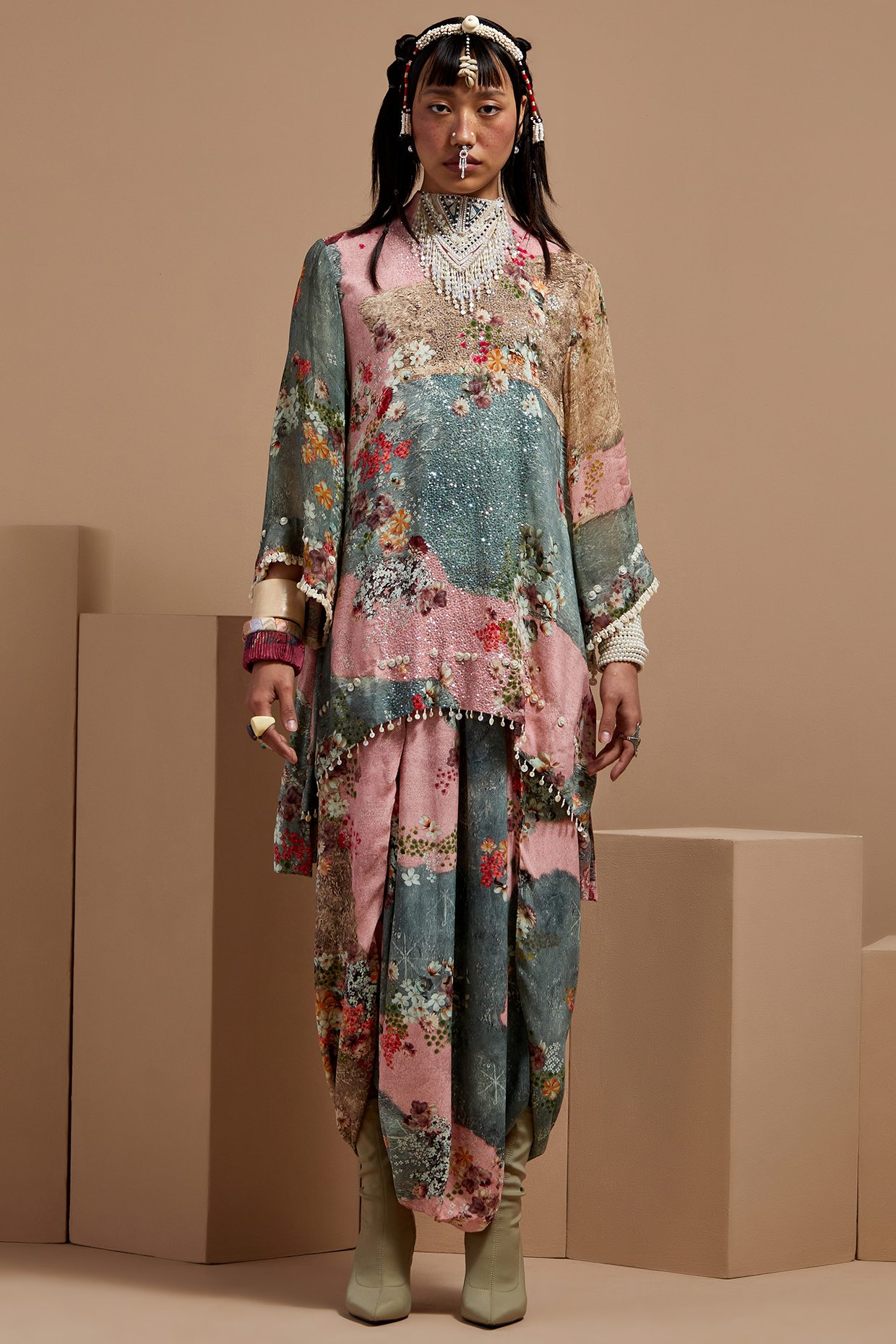 Multi-Colored Natural Crepe Printed & Embroidered Kurta Set by ASEEM KAPOOR at Pernia's Pop Up Shop