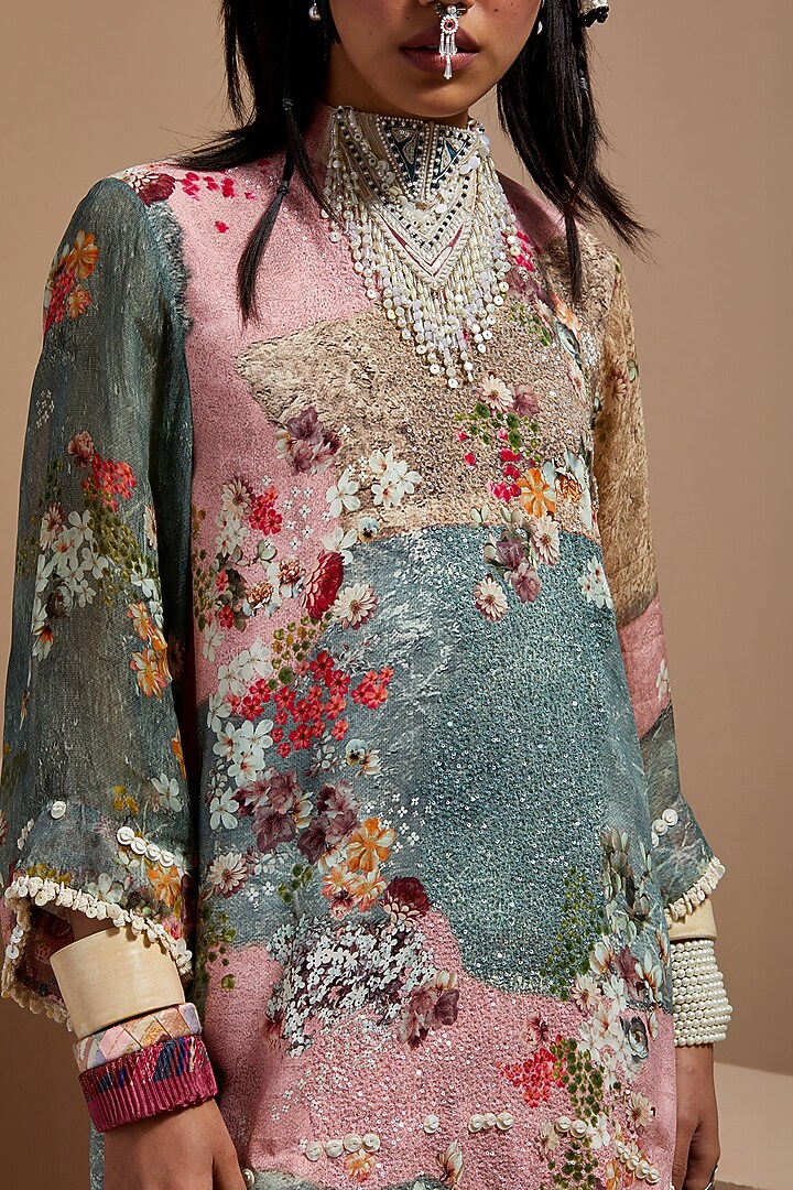 Multi-Colored Natural Crepe Printed & Embroidered Kurta Set by ASEEM KAPOOR at Pernia's Pop Up Shop