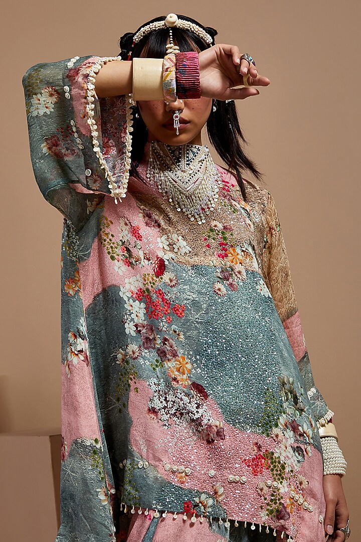 Multi-Colored Natural Crepe Printed & Embroidered Kurta Set by ASEEM KAPOOR at Pernia's Pop Up Shop