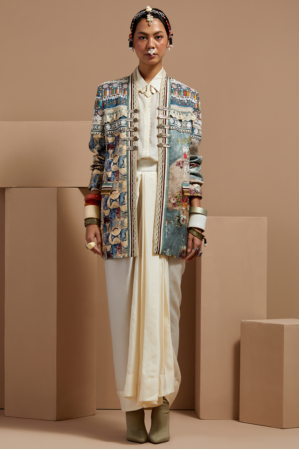 Multi-Colored Mushroom Twill & Slub Satin Embroidered Jacket Set by ASEEM KAPOOR at Pernia's Pop Up Shop