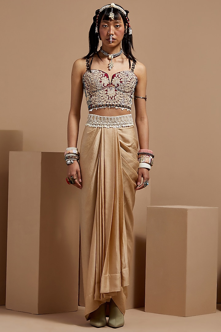Pink Mushroom Twill & Dola Silk Embroidered Corset Blouse by ASEEM KAPOOR at Pernia's Pop Up Shop