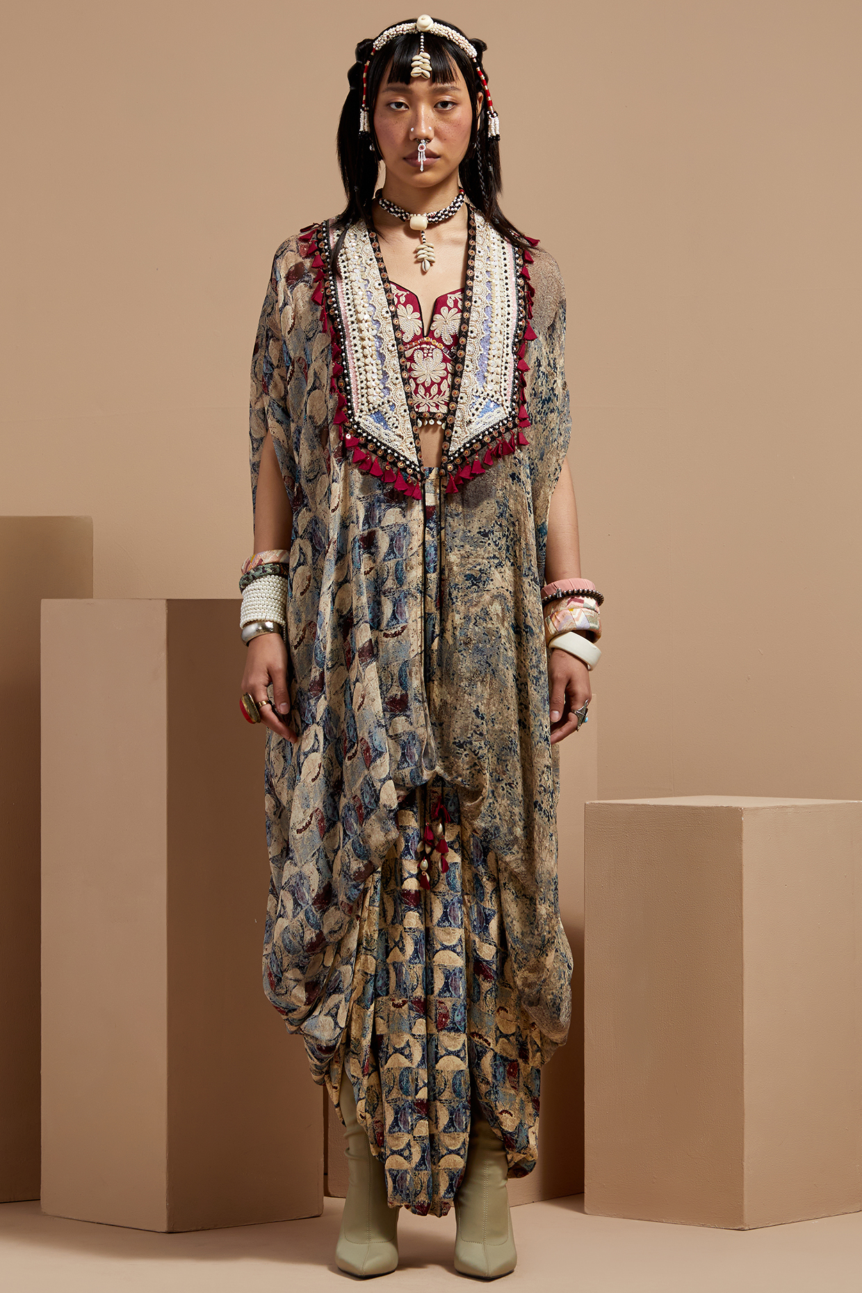 Multi-Colored Sheer Silk Printed & Embroidered Jacket Set by ASEEM KAPOOR at Pernia's Pop Up Shop