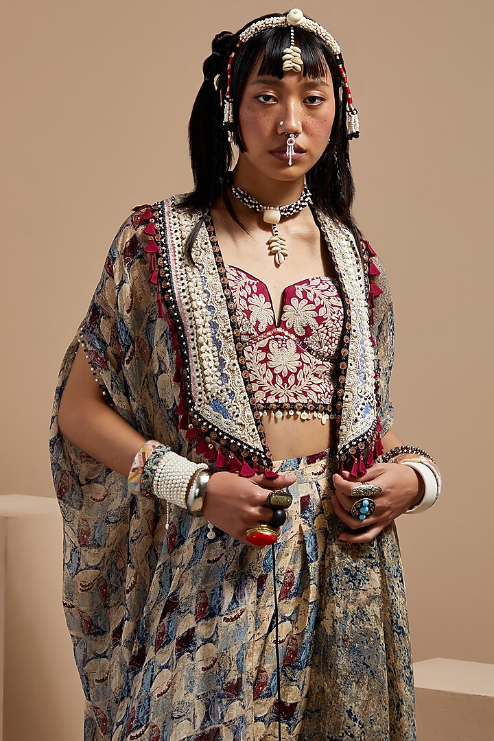 Multi-Colored Sheer Silk Printed & Embroidered Jacket Set by ASEEM KAPOOR at Pernia's Pop Up Shop