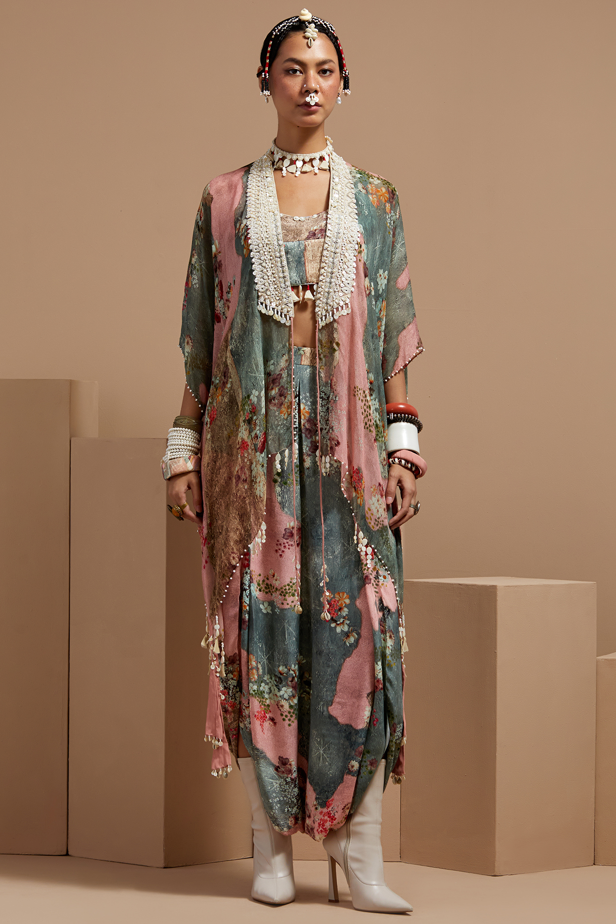 Multi-Colored Sheer Silk Printed & Embroidered Jacket Set by ASEEM KAPOOR at Pernia's Pop Up Shop