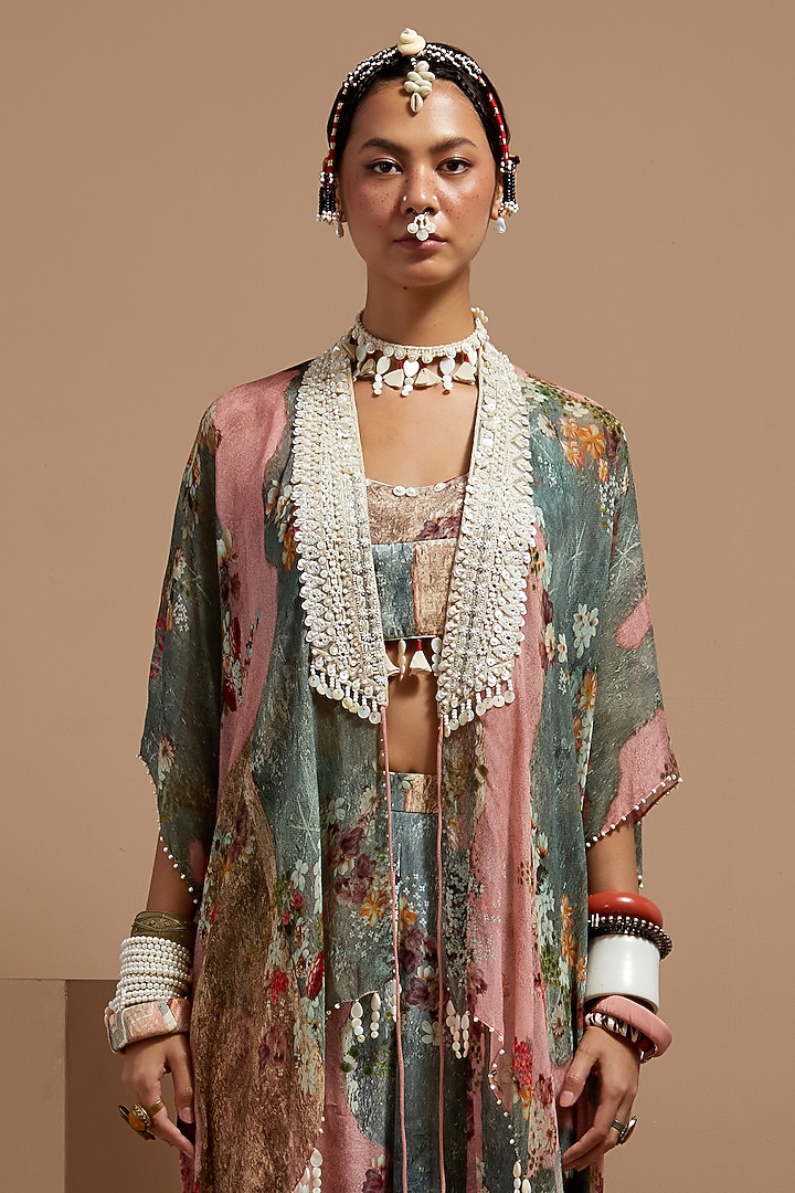 Multi-Colored Sheer Silk Printed & Embroidered Jacket Set by ASEEM KAPOOR at Pernia's Pop Up Shop