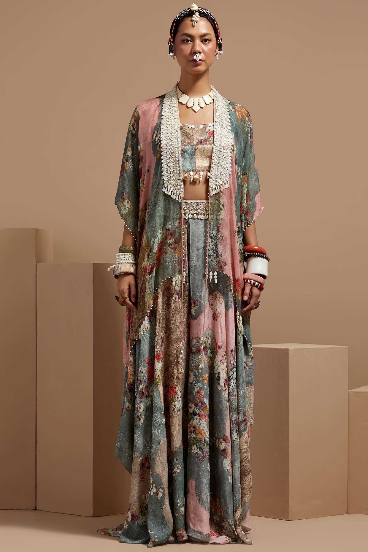 Multi-Colored Sheer Silk Printed & Embroidered Jacket Set by ASEEM KAPOOR at Pernia's Pop Up Shop