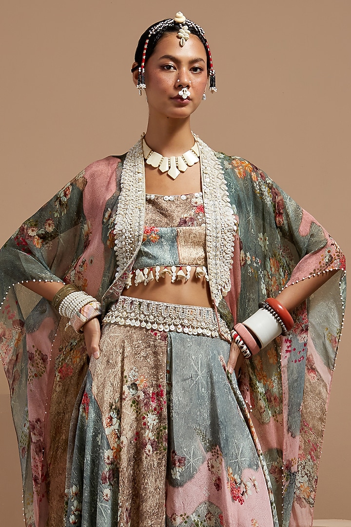Multi-Colored Sheer Silk Printed & Embroidered Jacket Set by ASEEM KAPOOR at Pernia's Pop Up Shop