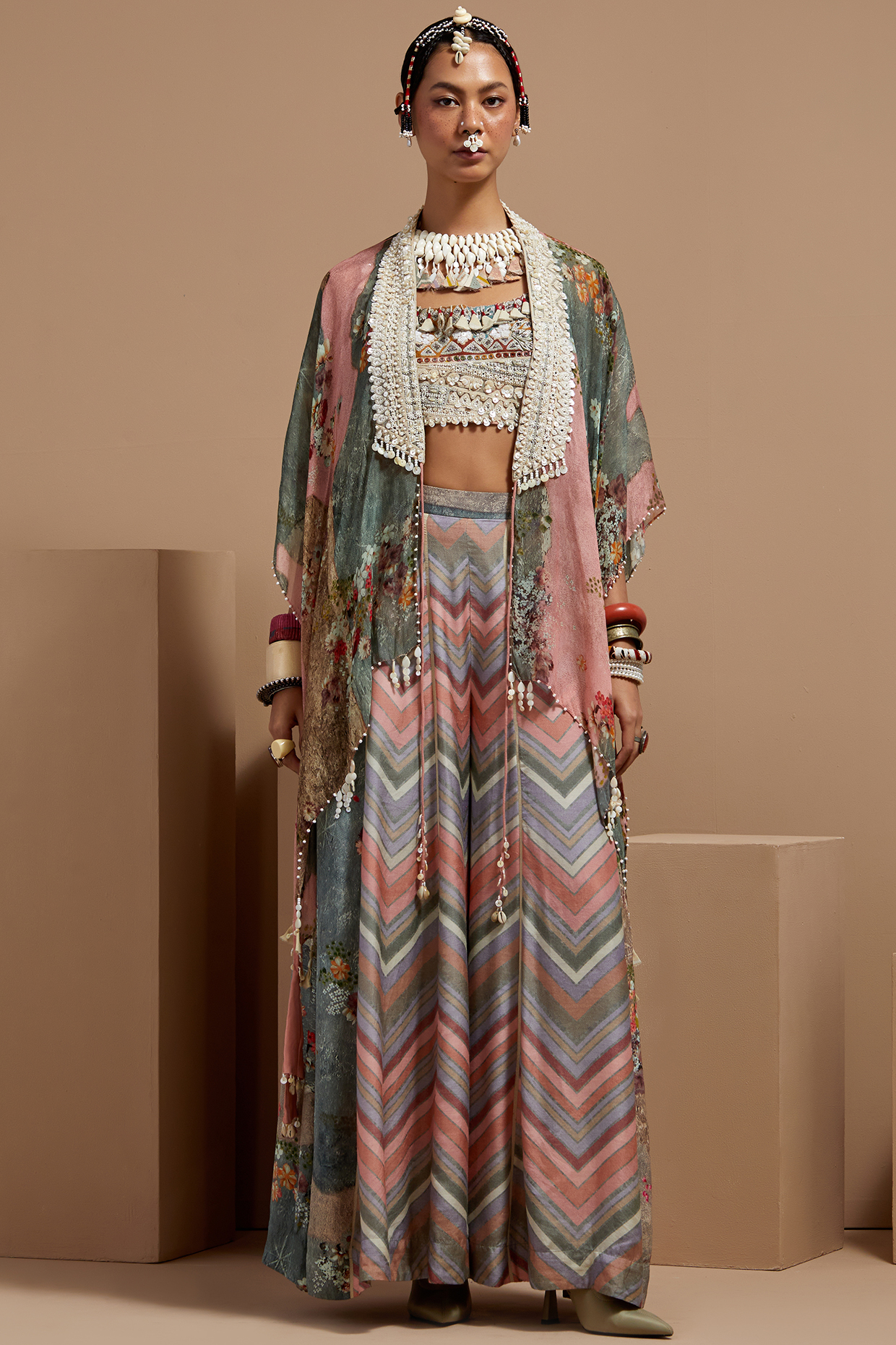 Multi-Colored Sheer Silk Printed & Embroidered Jacket Set by ASEEM KAPOOR at Pernia's Pop Up Shop