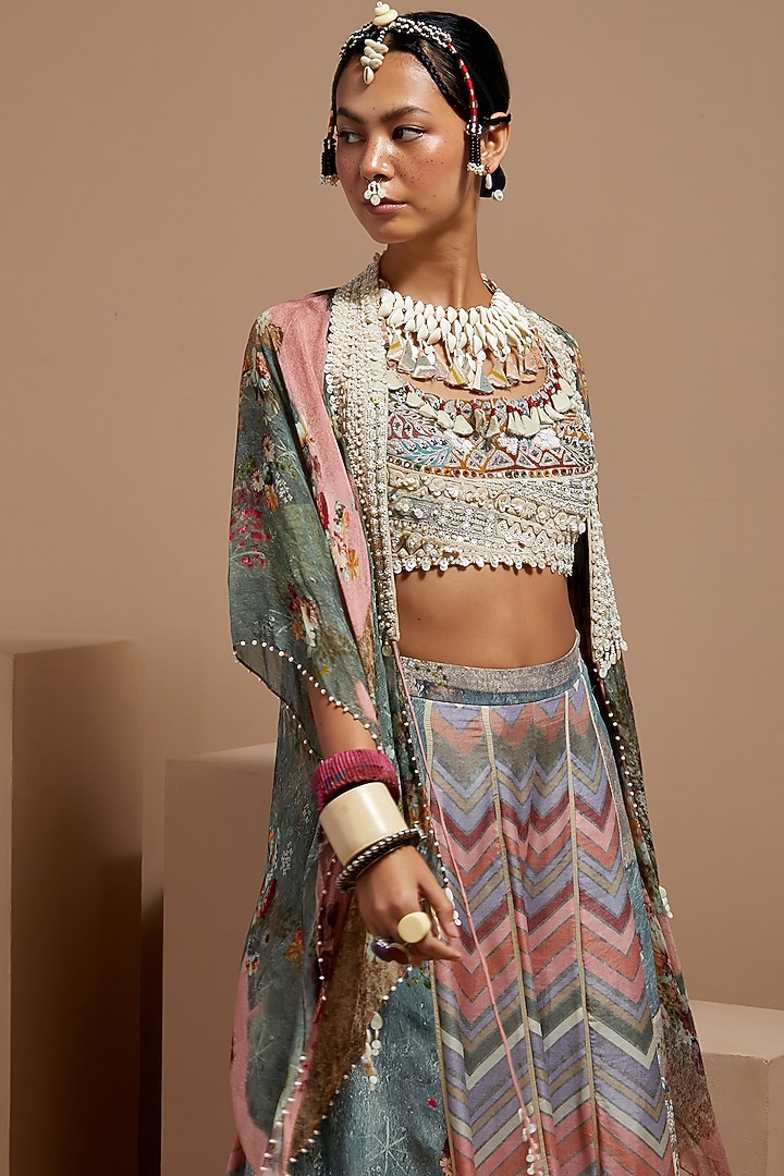 Multi-Colored Sheer Silk Printed & Embroidered Jacket Set by ASEEM KAPOOR at Pernia's Pop Up Shop