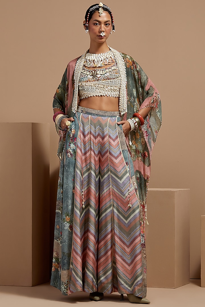 Multi-Colored Sheer Silk Printed & Embroidered Jacket Set by ASEEM KAPOOR at Pernia's Pop Up Shop