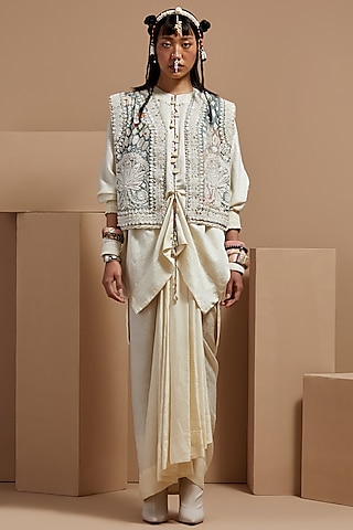 Mogra White Mushroom Twill Embroidered Gilet by ASEEM KAPOOR