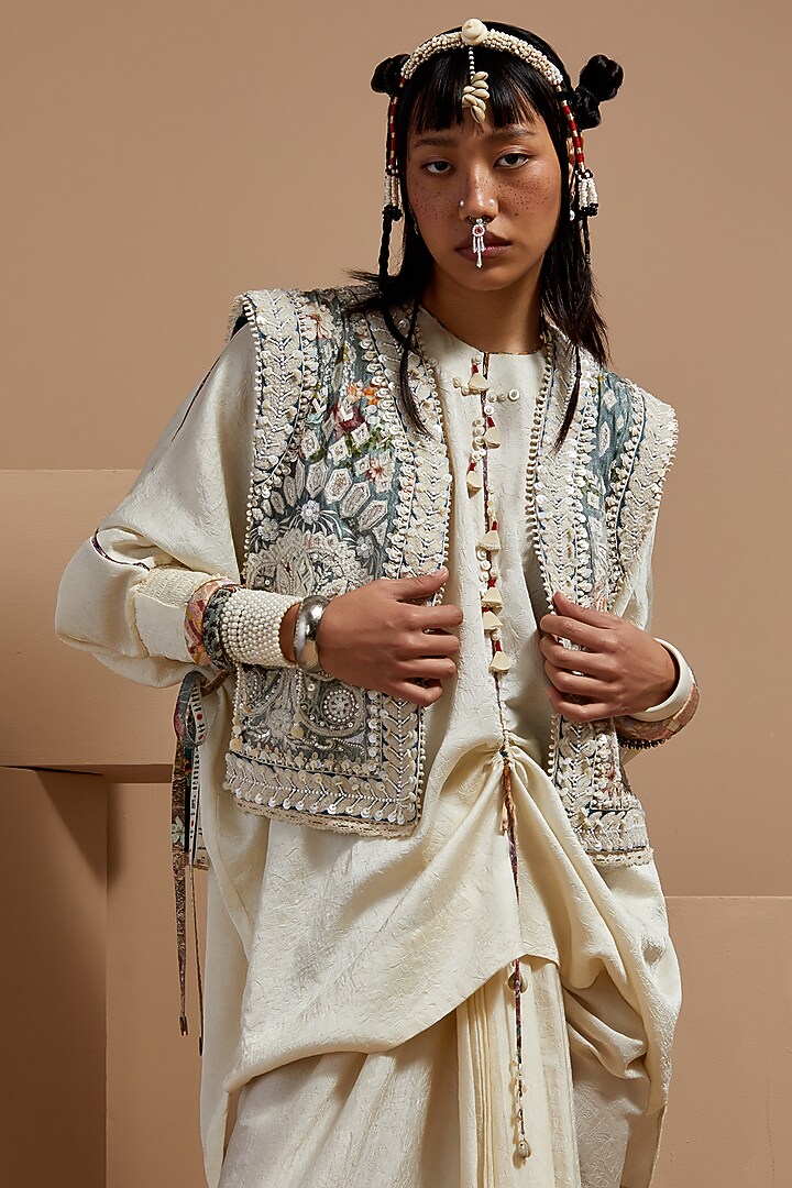 Mogra White Mushroom Twill Embroidered Gilet by ASEEM KAPOOR at Pernia's Pop Up Shop