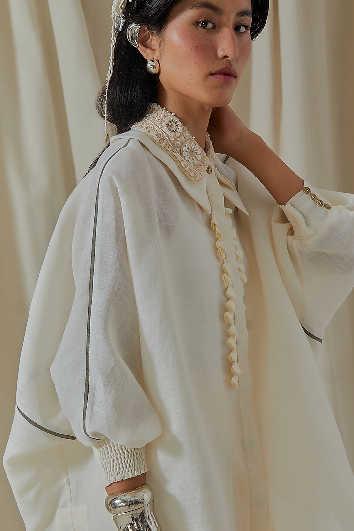 Mogra White Linen Embroidered Shirt by ASEEM KAPOOR at Pernia's Pop Up Shop