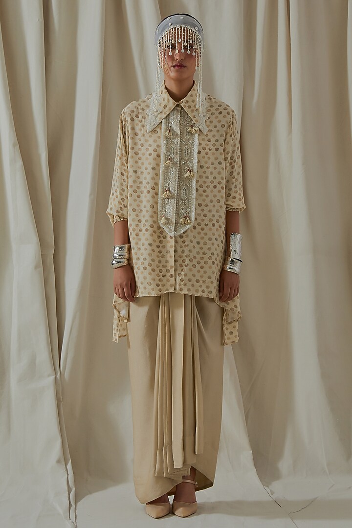 Ecru Italian Crepe Embroidered Shirt by ASEEM KAPOOR at Pernia's Pop Up Shop