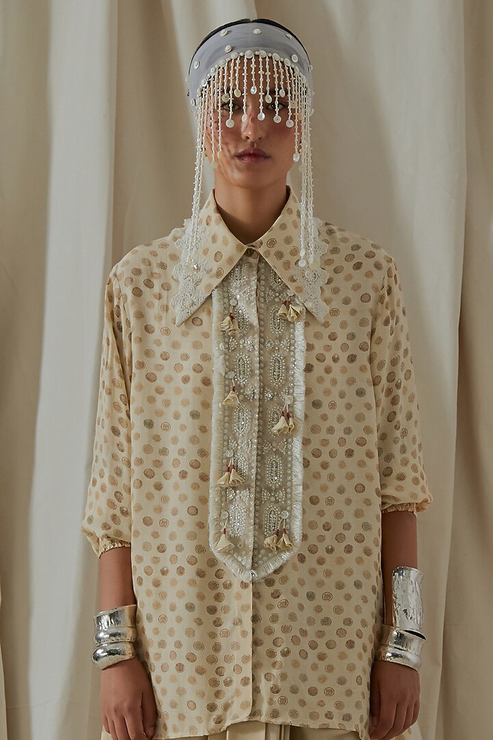 Ecru Italian Crepe Embroidered Shirt by ASEEM KAPOOR at Pernia's Pop Up Shop