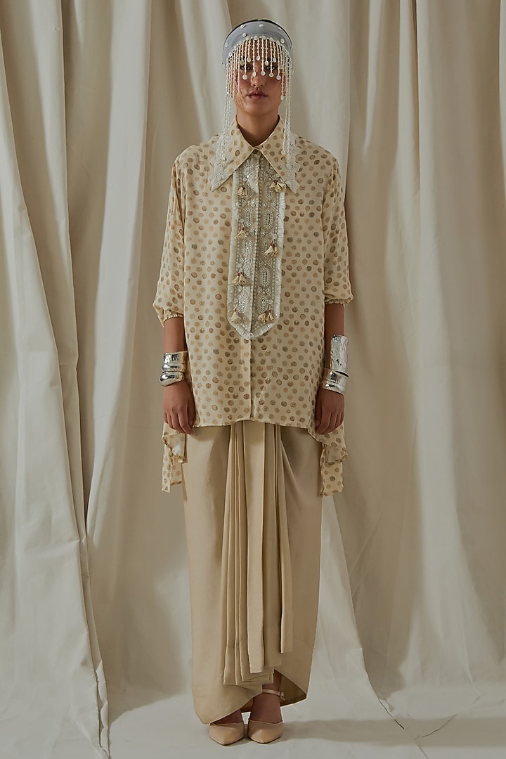 Ecru Italian Crepe Embroidered Draped Skirt Set by ASEEM KAPOOR at Pernia's Pop Up Shop