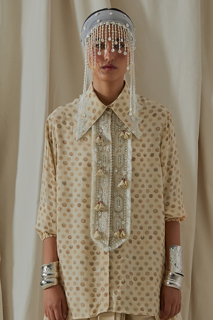 Ecru Italian Crepe Embroidered Draped Skirt Set by ASEEM KAPOOR at Pernia's Pop Up Shop