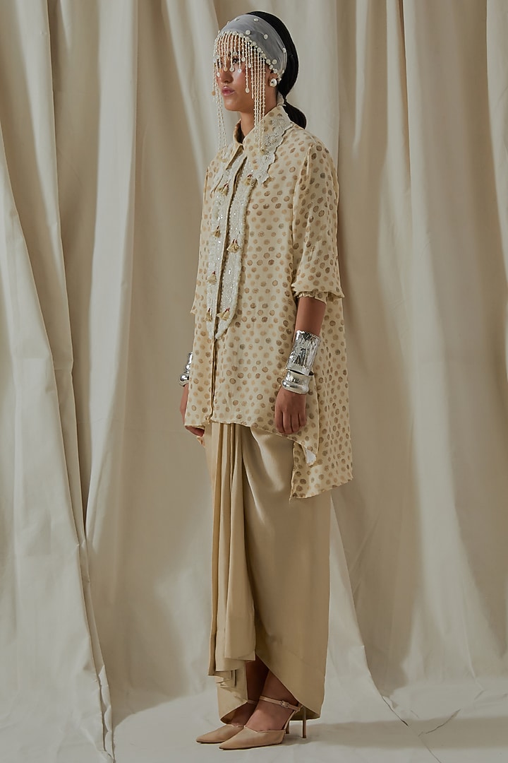 Ecru Italian Crepe Embroidered Draped Skirt Set by ASEEM KAPOOR at Pernia's Pop Up Shop