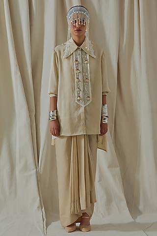 Ecru Tashan Silk Lace Embroidered Shirt by ASEEM KAPOOR