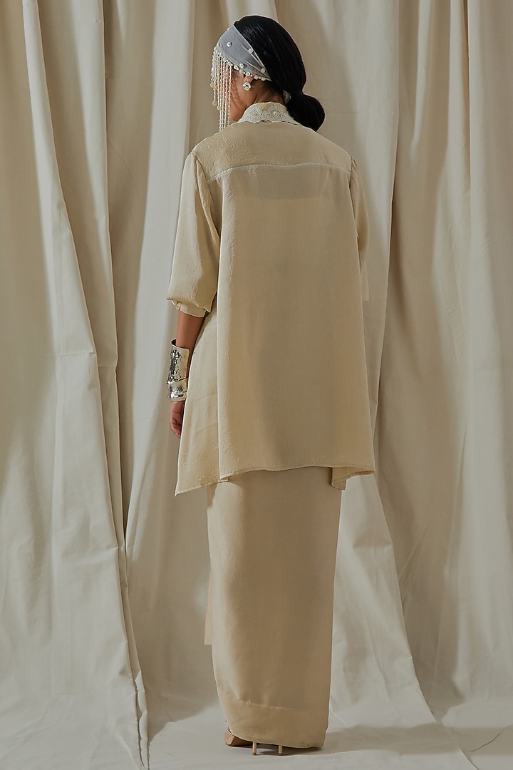 Ecru Italian Crepe Embroidered & Printed Draped Skirt Set by ASEEM KAPOOR at Pernia's Pop Up Shop