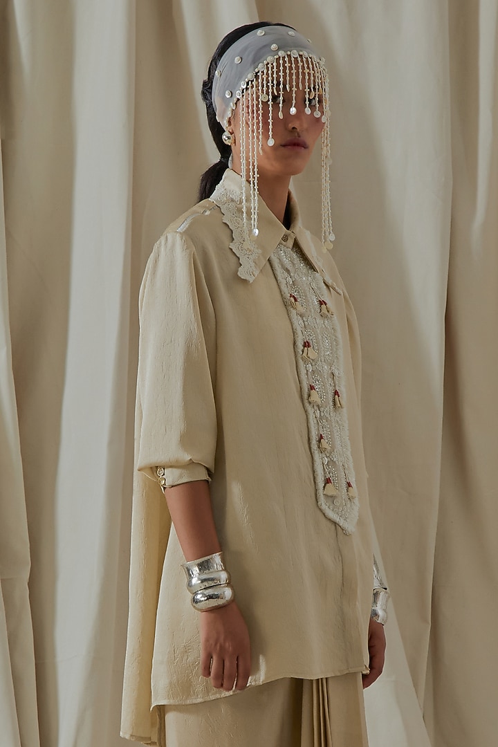 Ecru Italian Crepe Embroidered & Printed Draped Skirt Set by ASEEM KAPOOR at Pernia's Pop Up Shop