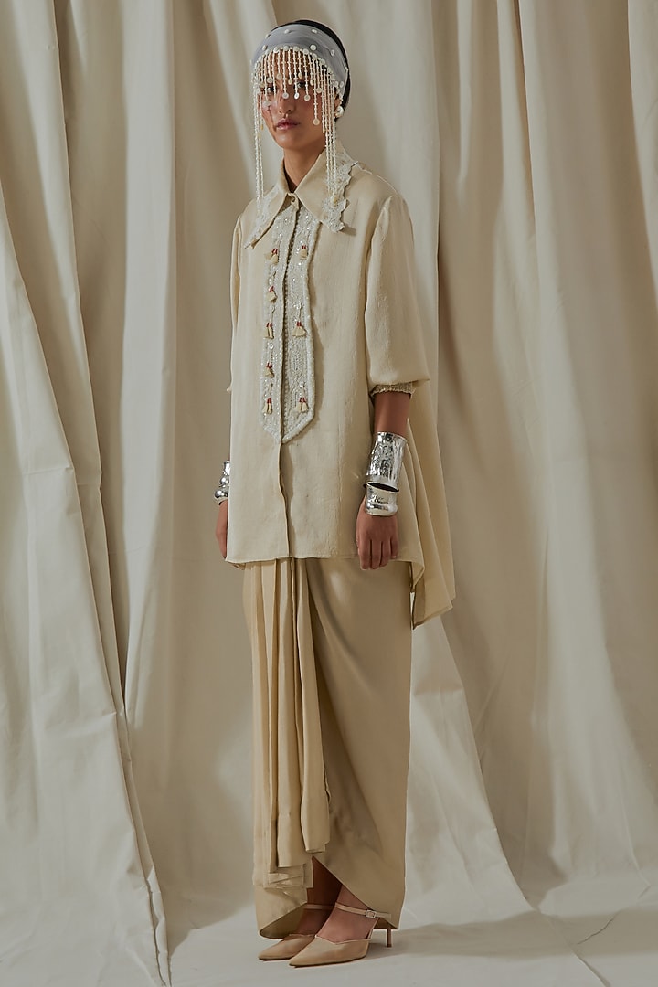 Ecru Italian Crepe Embroidered & Printed Draped Skirt Set by ASEEM KAPOOR at Pernia's Pop Up Shop
