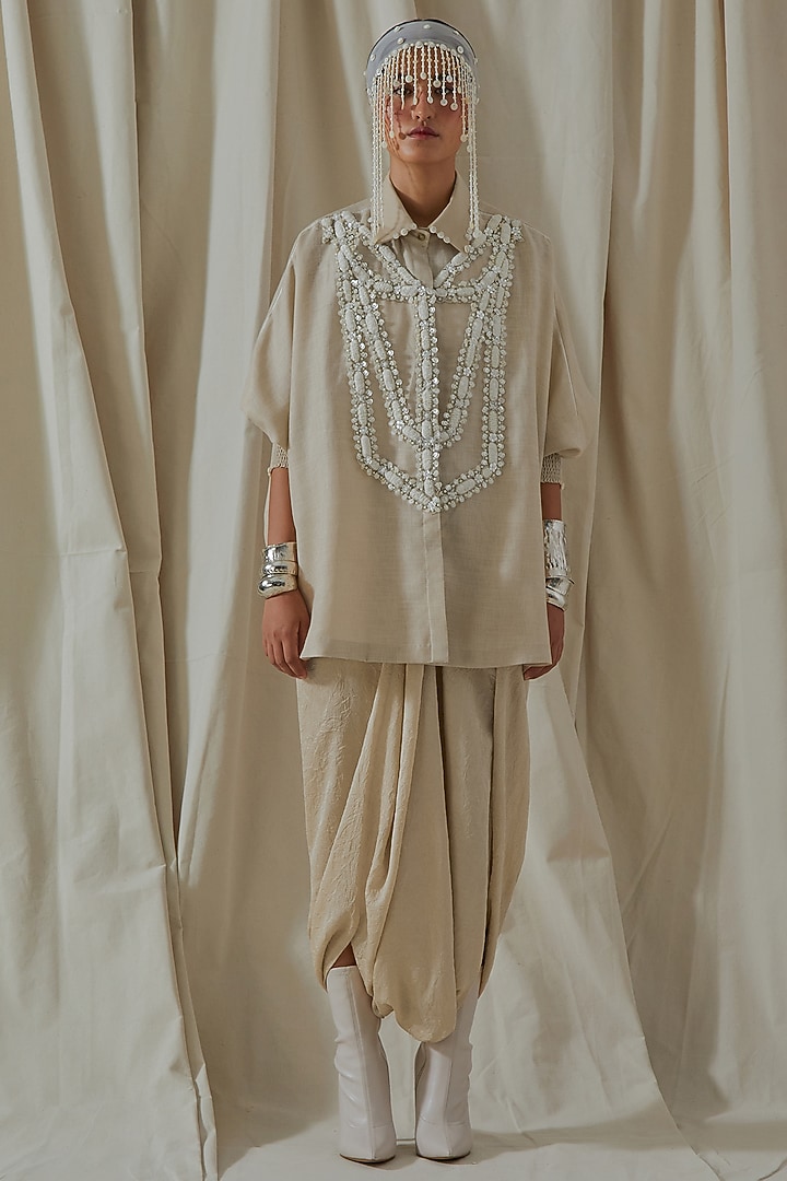 Ecru Linen Embroidered Textured Shirt by ASEEM KAPOOR at Pernia's Pop Up Shop