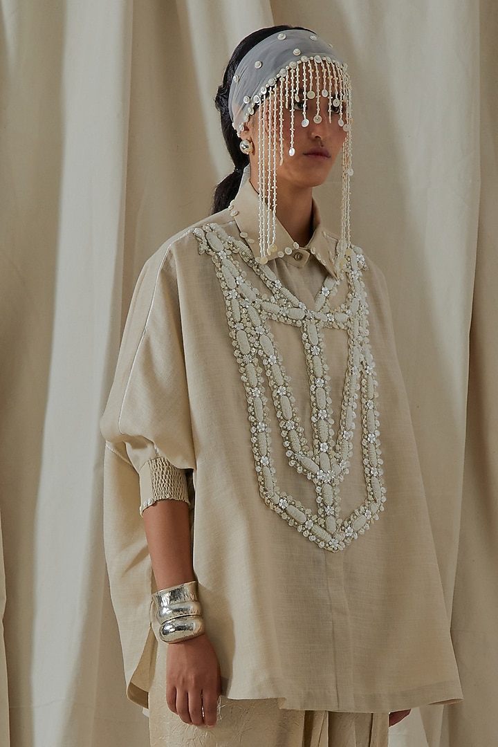 Ecru Tashan Silk Embroidered Draped Co-Ord Set by ASEEM KAPOOR at Pernia's Pop Up Shop