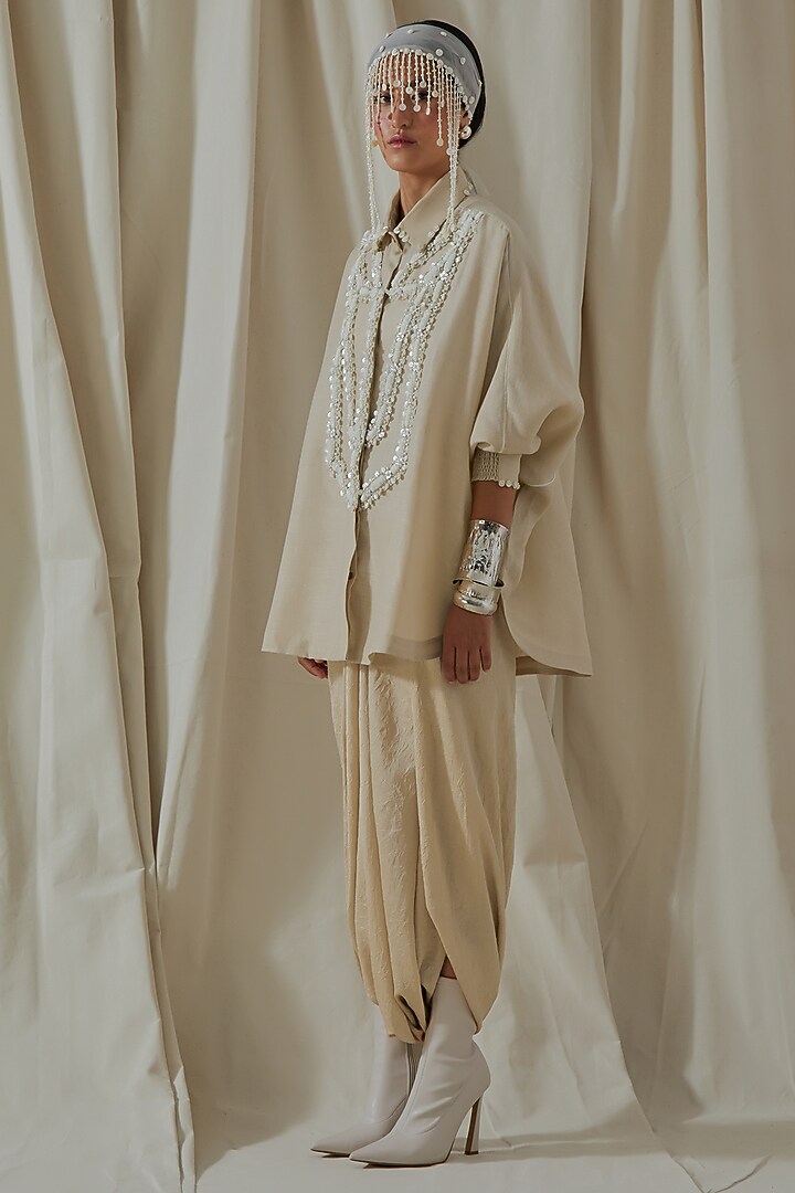 Ecru Tashan Silk Embroidered Draped Co-Ord Set by ASEEM KAPOOR at Pernia's Pop Up Shop